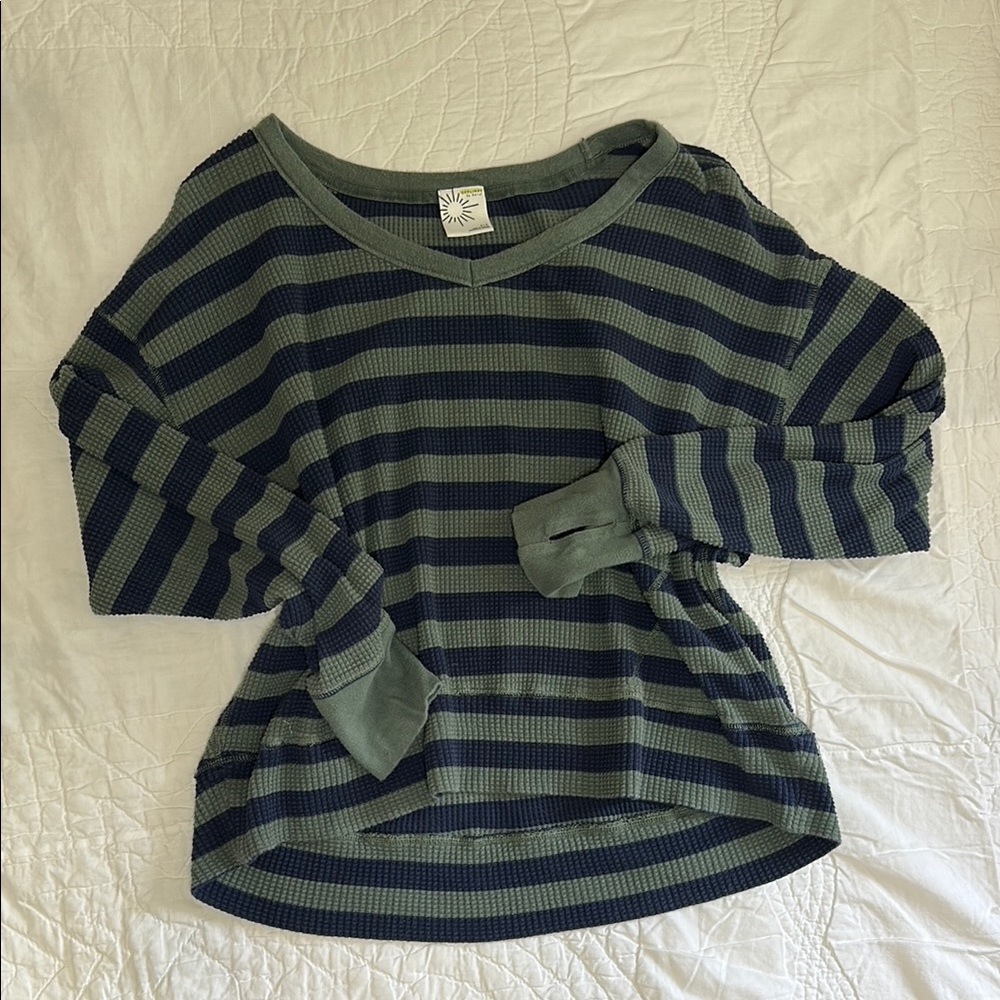 Aerie Offline Waffle Striped Long Sleeve Top in Green and Navy